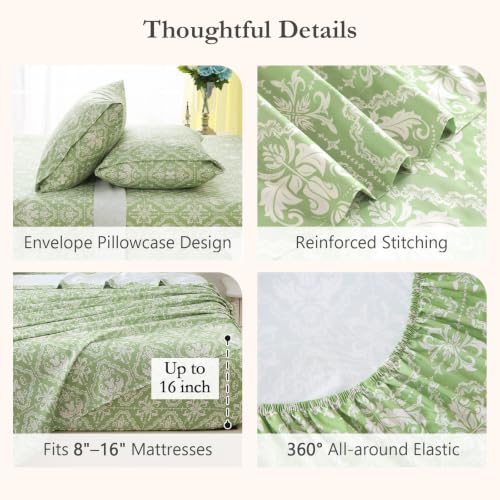 Queen Size Printed Sheet Set, 4 Pieces Bed Bedsheets, Sage Green - view 5