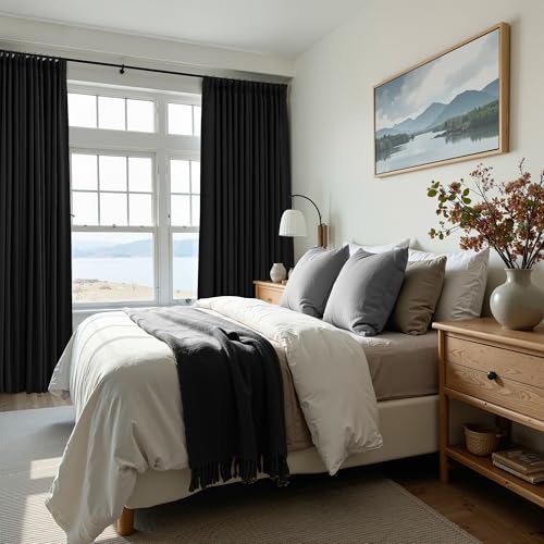 90 Inch Black Pinch Pleated Linen 100% Blackout Curtains for Bedroom Living Room Pleat Black Out Thermal Insulated Ring Hooks Back Tab Room Darkening Double Layer Drapes Curtain with Liner - view 4