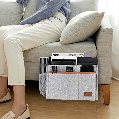Bedside Caddy, Felt Bed Storage Organizer Hanging Bag Holder with 5 Pockets, Magazine Book Phone Tablet iPad Cables Remote and Water Bottle Holder for Home Dorm Bed Sofa, Light Gray - view 2