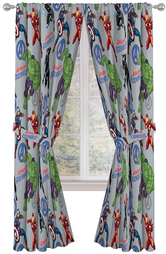 Window Curtains for Kids Bedroom 4-Piece Drape Set with 2 Tiebacks, Grey - Avengers, 42" W x 84" L (Pack of 2)