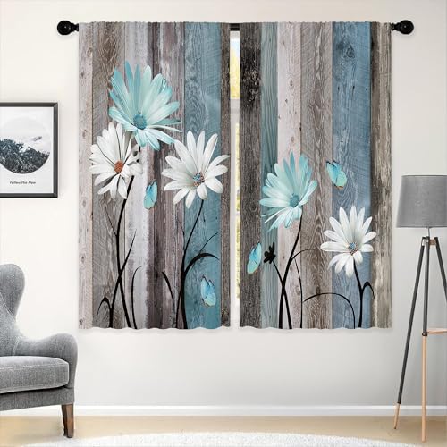 Teal Farmhouse Daisy Curtains, Wooden Flower Window Curtains 42x45 Inch for Bedroom Living Room Decor, Rustic Floral Butterfly Country Drapes Treatment Draperies Fabric Rod Pocket (2 Panels - view 3