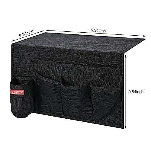 Linen 5 Pockets Bedside Caddy, Bedside Storage Organizer with Water Bottle Holder for Magazine, Remotes, Phone (Black) - view 3