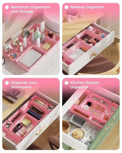 25 PCS Plastic Drawer Organizers Set, 4-Sizes Vanity and Makeup Organizer, Desk and bathroom Drawer Organizer Trays, Organizers and Storage for Makeup, Jewelry, Gadgets, Utensils (Pink) - view 7
