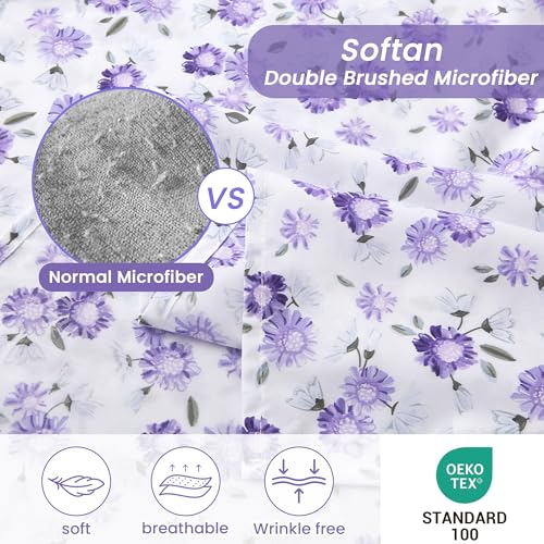 Puple Floral Queen Sheet Set, 4-Piece Microfiber Printed Fitted Sheet with 15" Deep Pockets & Non-Slip Straps, White Flower Patterned Bedding Sheets & Pillowcase Set - view 3