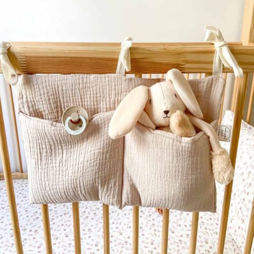 Cotton Baby Bedside Hanging Storage Bag,2 Pockets Organizer(Oatmeal)