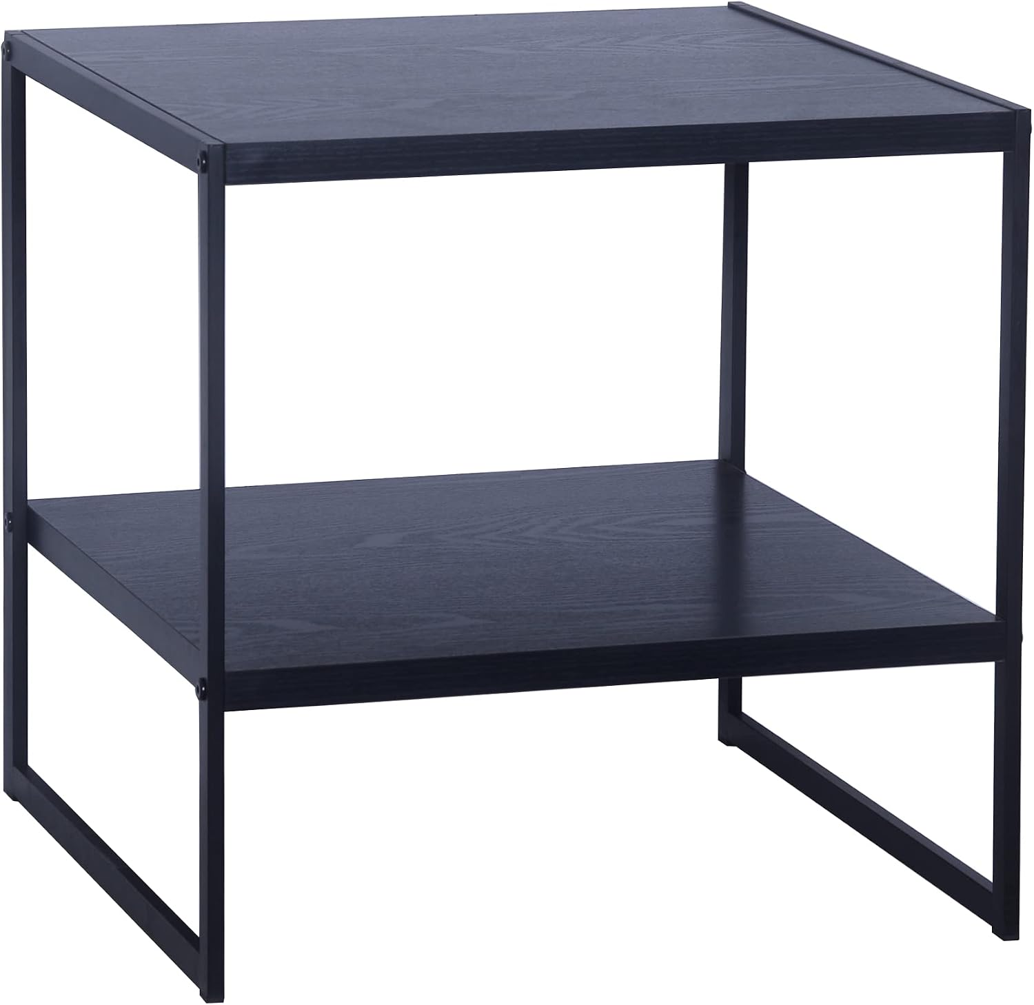 Square Side End Table with Storage Shelf, Oak Wood Grain and Black Metal Frame, Black