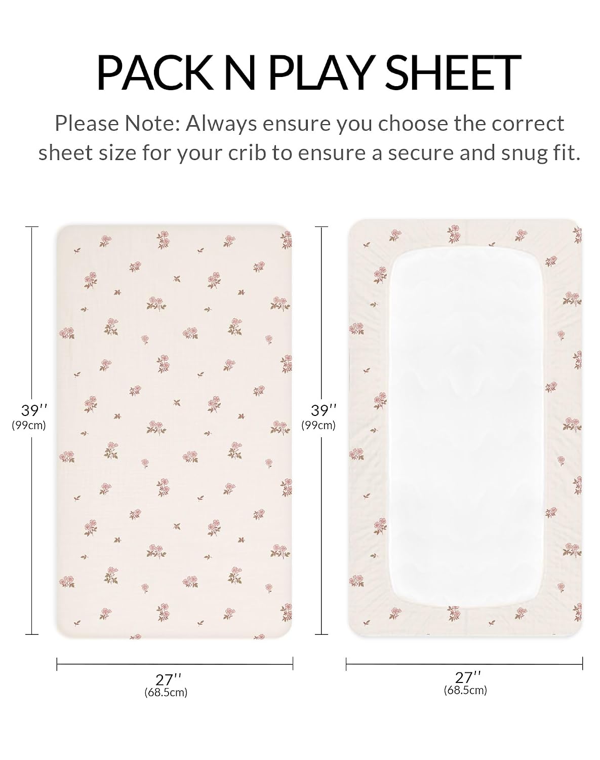 Pack and play sheets 2 pack, muslin cotton nursery bedding, 27" x 39", soft breathable muslin cotton, fits pack n play mattress, for baby boys and girls, vintage blossom & pink - view 3