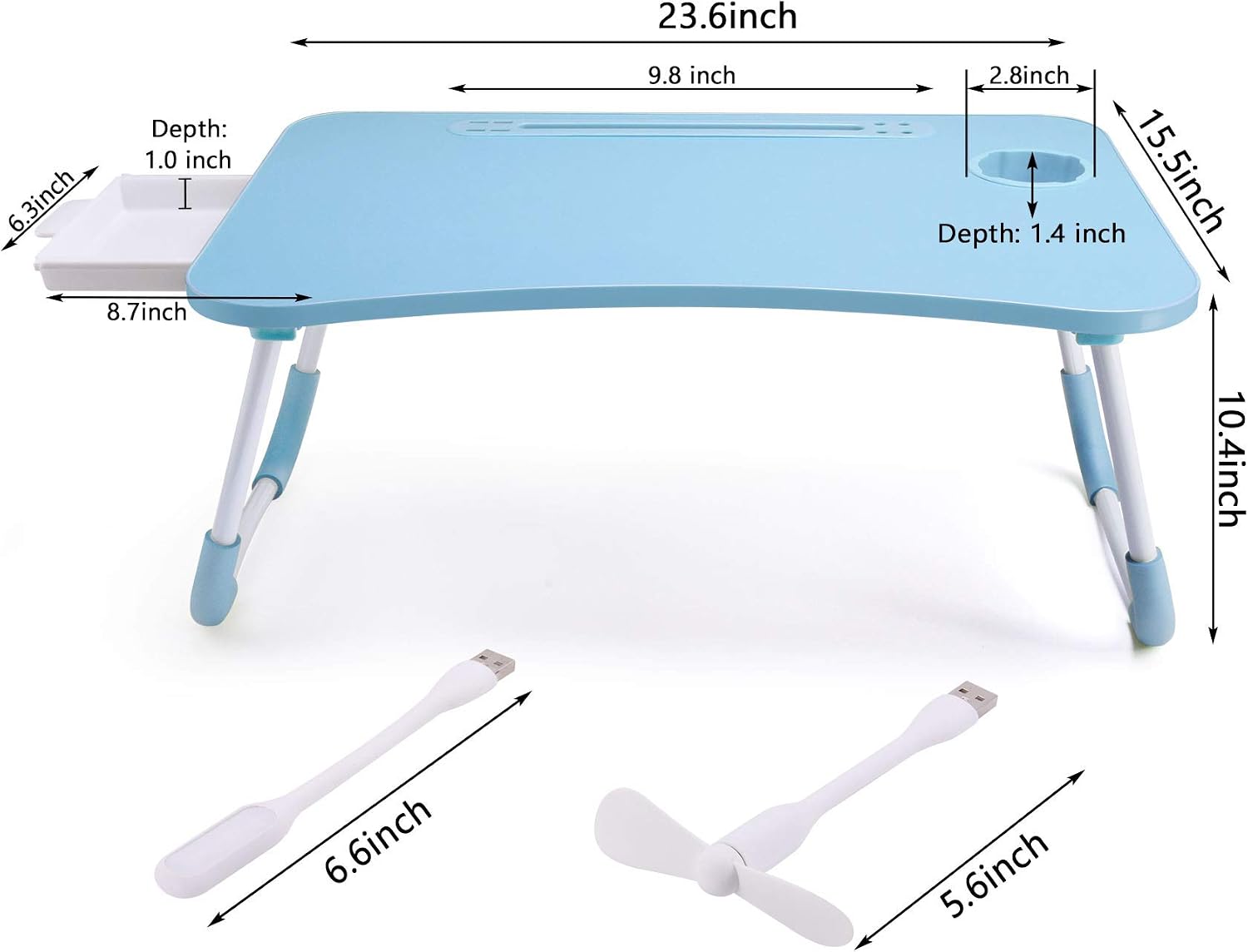 Bed desk for laptop and writing with storage, cup holder, light, fan, pen holder, tablet holder, foldable, for bed, couch, floor, portable, blue - view 5