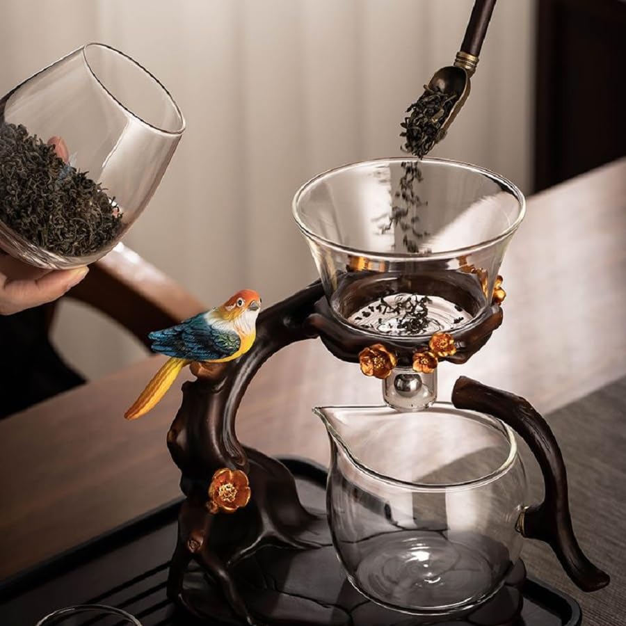 Lazy Kungfu Glass Tea Set Heat Resistant Semi Automatic Drip Rotating with Infuser Magnetic Teapot Set for Gongfu Tea Making Ideal (Bird) - view 4