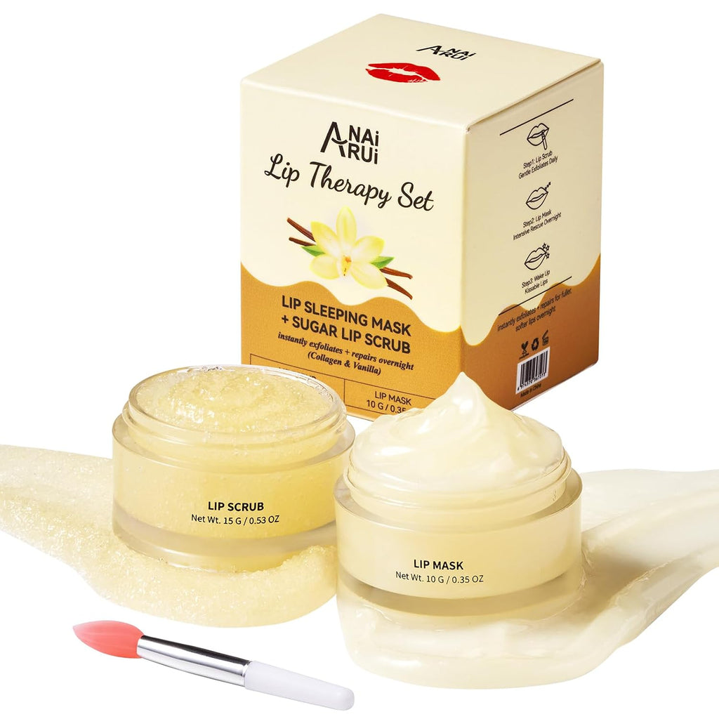 Lip Scrub & Lip Mask Set, Vanilla | Lip Sleeping Mask, Lip Exfoliator Scrub for Exfoliating, Lip Overnight Treatment, Lip Care Gift Kits for Dry, Chapped Lips