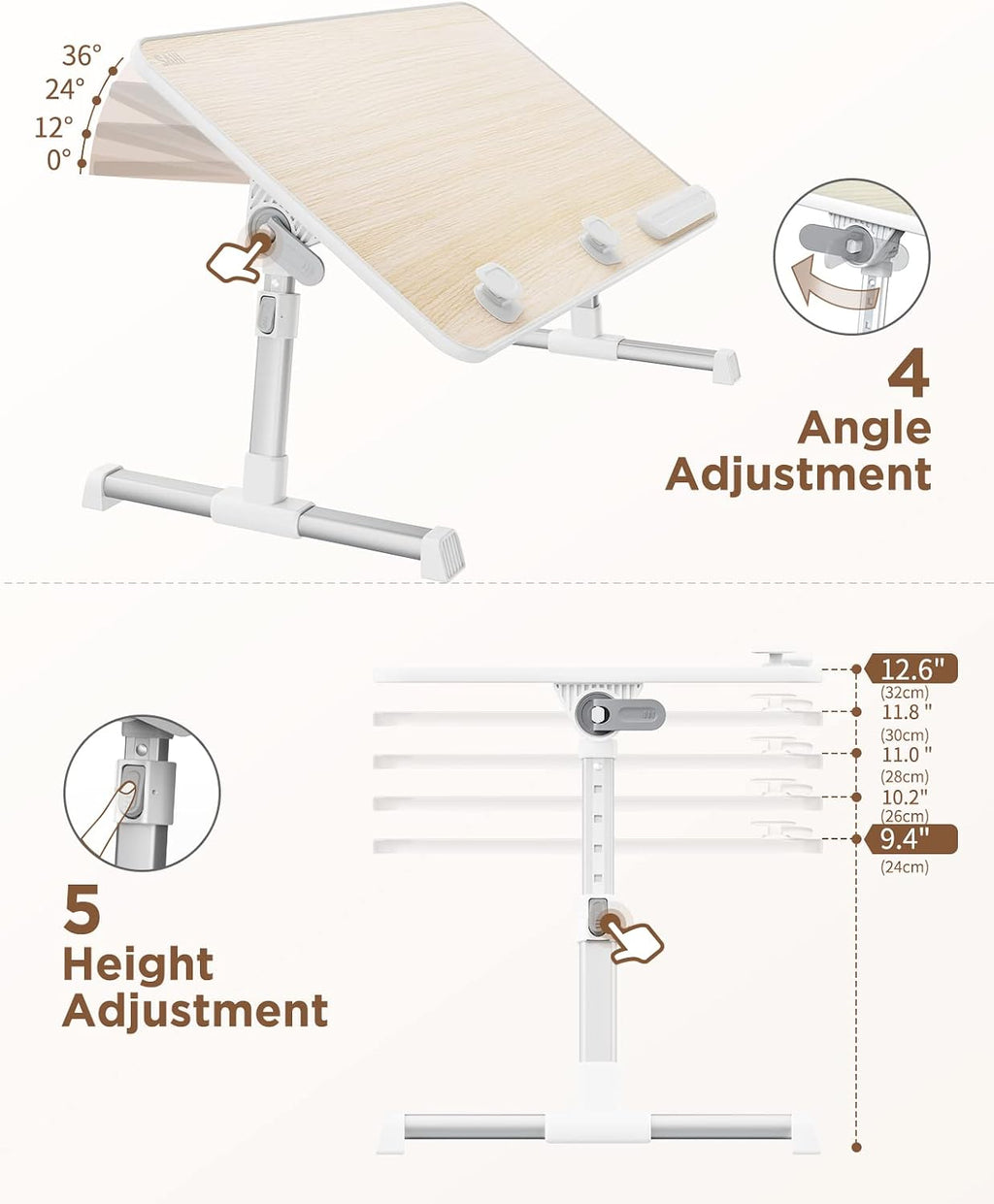 Laptop bed tray table, adjustable standing desk lap desk | for sofa couch floor working studying reading writing eating, fit up to 17" laptop (large, teak) - view 4