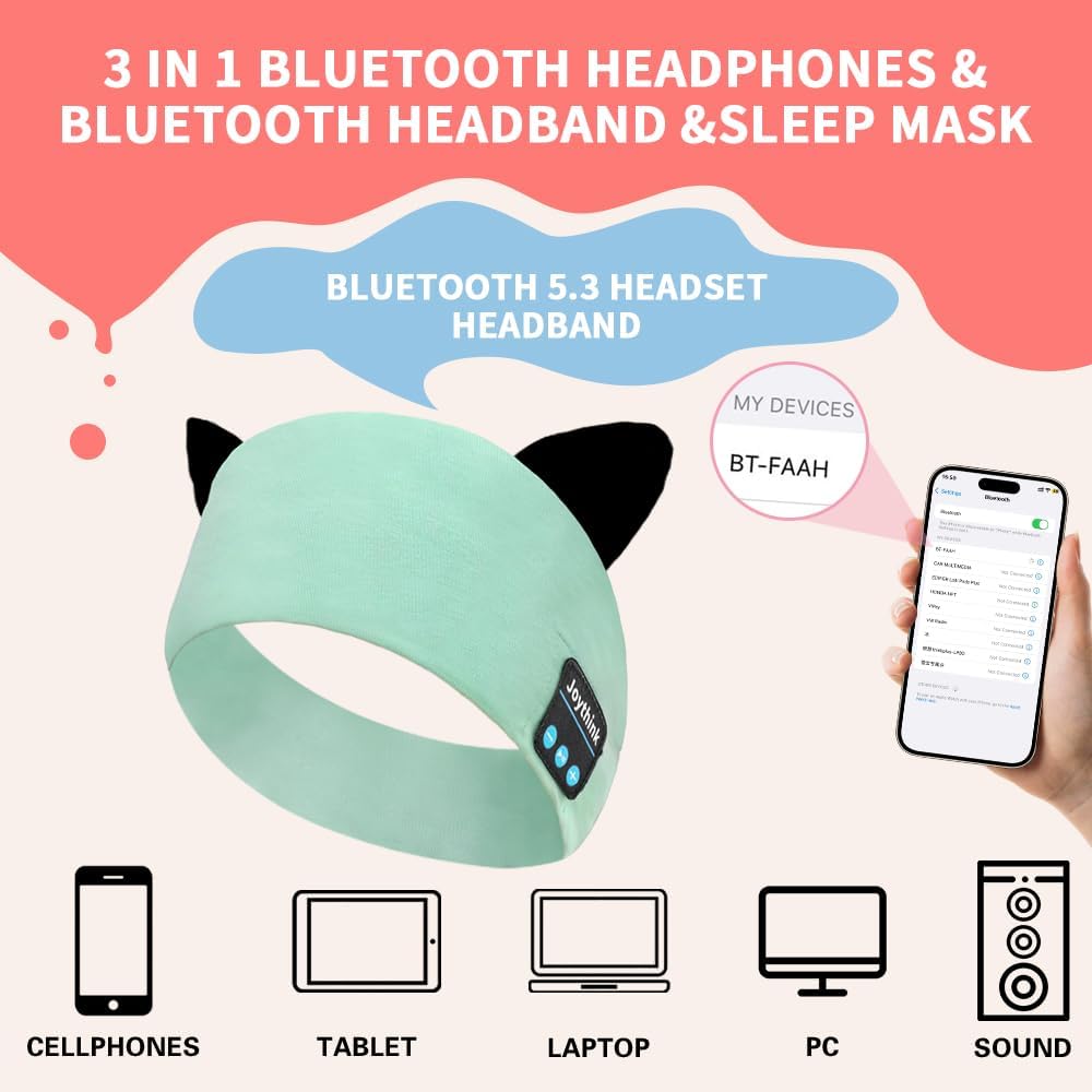 Kids Bluetooth Headband Headphones Sleep Mask Wireless Earphones Built in Thin Speaker Adjustable Sports Headset Sleep Headband for Girls Boys Toddler Children Baby Airplane Travel Study Aqua - view 3