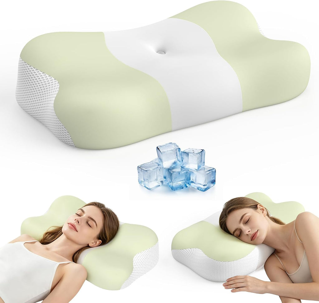 Memory Foam Cervical Pillow, Neck Comfort Support,Ergonomic High-Low Contour Neck Pillow, Supportive Sleeping Pillow for Side, Back, Stomach Sleepers, Removable Washable Cover(Green)