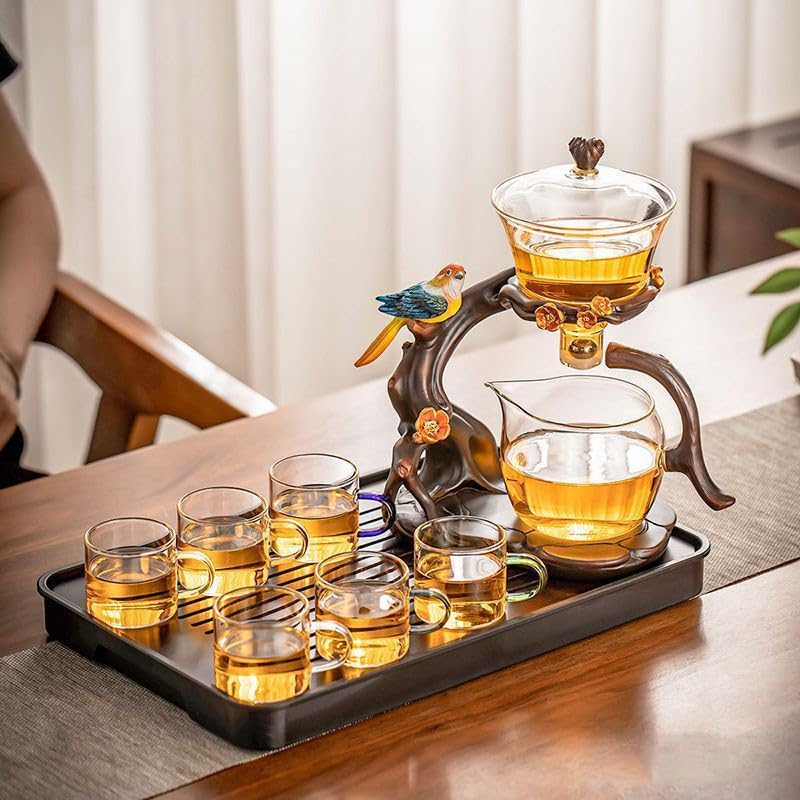 Lazy Kungfu Glass Tea Set Heat Resistant Semi Automatic Drip Rotating with Infuser Magnetic Teapot Set for Gongfu Tea Making Ideal (Bird) - view 7