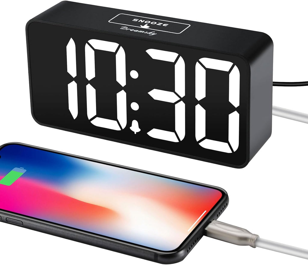 Small digital alarm clock for bedroom, large big numbers display | clocks for living room, electric bedside desk clock with USB charging port, dimmer, adjustable volume, USB-C adapter powered - view 4