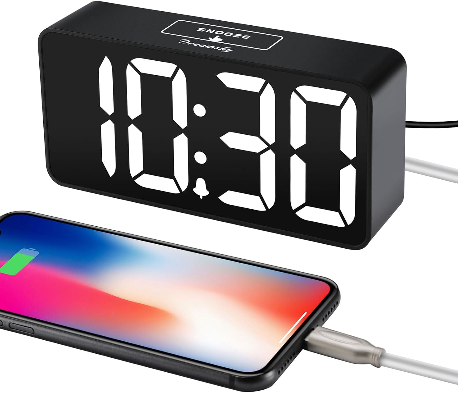 Small digital alarm clock for bedroom, large big numbers display | clocks for living room, electric bedside desk clock with USB charging port, dimmer, adjustable volume, USB-C adapter powered - view 4