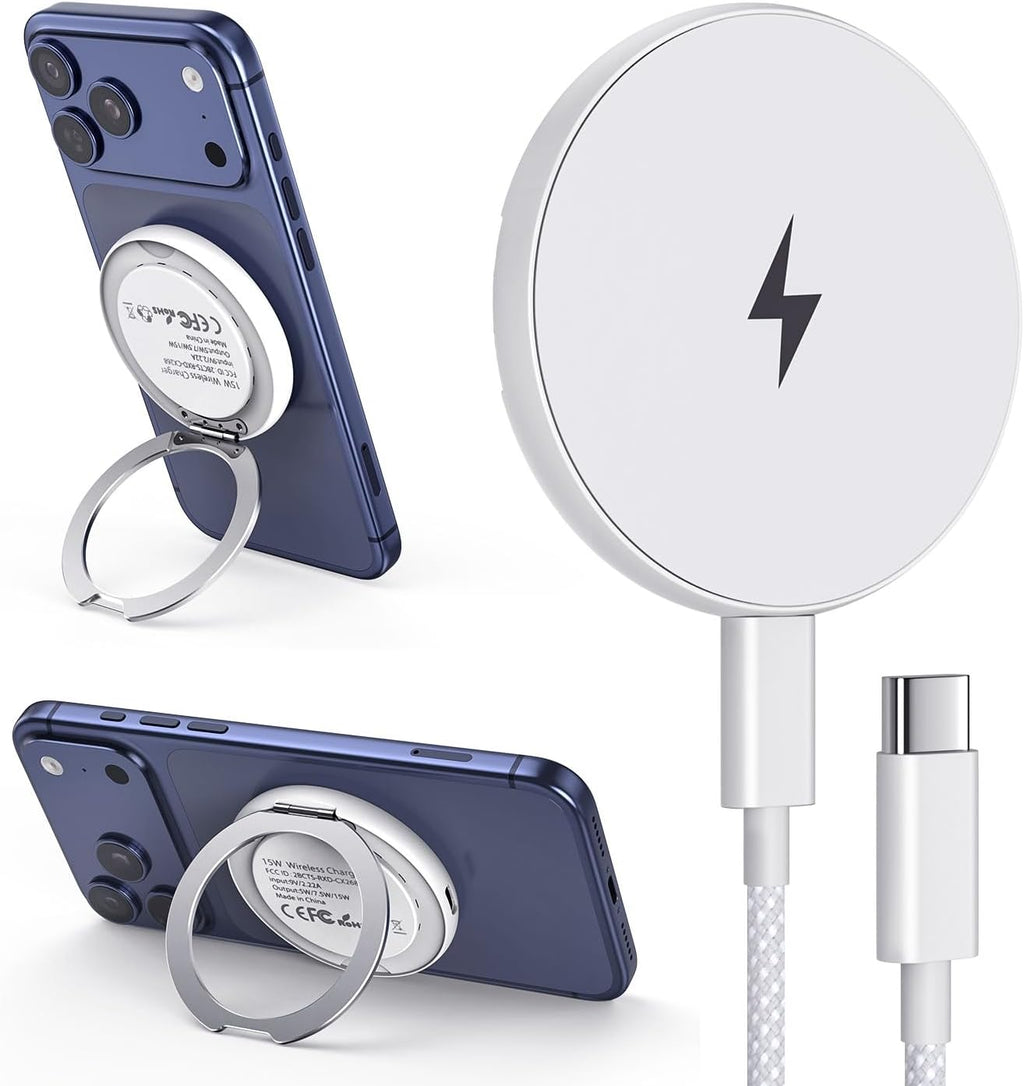 2 in 1 magnetic wireless charger pad & stand for iPhone 12-17 (all series) with 6.6ft USB-C woven charging cable