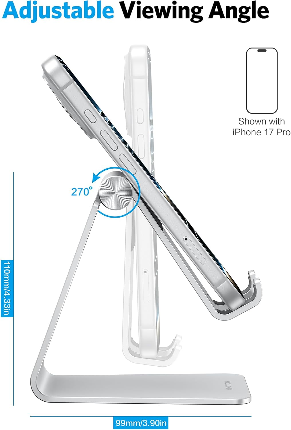 C2 Adjustable Aluminum Cell Phone Stand with Charging Cutout, Silver | Sturdy 3mm Base with Non-Slip Silicone Pads, Multi-Angle, Works with 19mm Thick Cases Smartphones, Desktop Recording Facetime - view 4