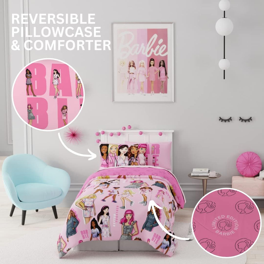 Barbie Barbiecore Bedding Super Soft Comforter and Sheet Set with Sham, 5 Piece Twin Size, College Dorm Essentials (Official Licensed Product) - view 4