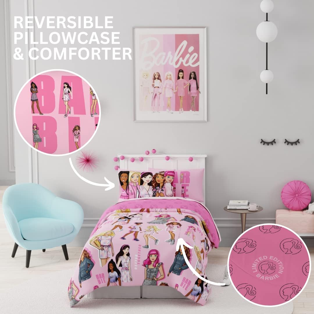Barbie Barbiecore Bedding Super Soft Comforter and Sheet Set with Sham, 5 Piece Twin Size, College Dorm Essentials (Official Licensed Product) - view 4