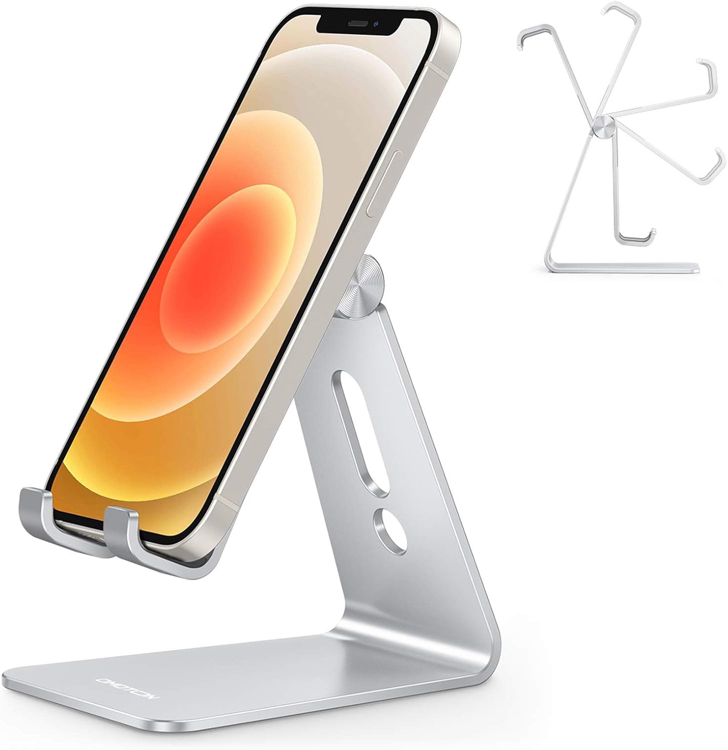 C2 Adjustable Aluminum Cell Phone Stand with Charging Cutout, Silver | Sturdy 3mm Base with Non-Slip Silicone Pads, Multi-Angle, Works with 19mm Thick Cases Smartphones, Desktop Recording Facetime
