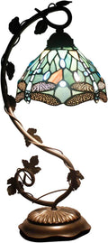 Tiffany Lamp Sea Blue Stained Glass Dragonfly Style Table Light | Metal Leaf Desk Reading Lamp Base 8X10X21 Inches Decor Small Space Bedside Bedroom Home Office S147 Series