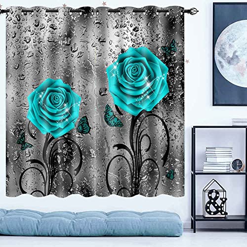 Teal Rose Raindrop Blackout Curtains 42x63 Inch 2 Panels