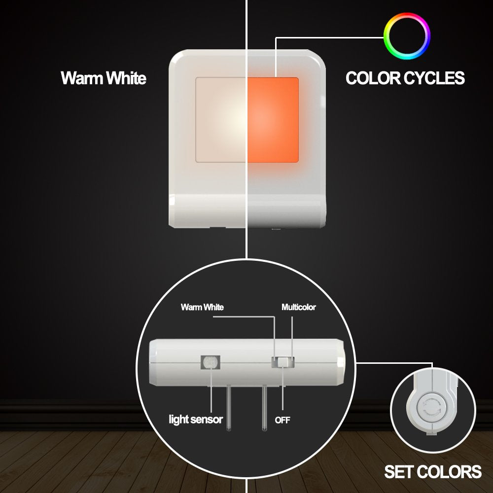 Plug in LED night light with smart dusk to dawn sensor, multi-color changeable nightlights, energy efficient night lamp for bedroom, baby room, kitchen, hallway, stairway, 2 pack - view 3