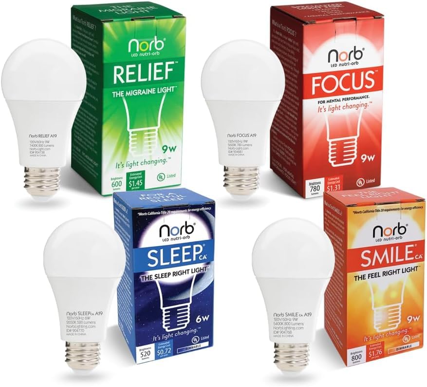 Wellness Lighting Starter Kit, Set of 4 Wellness Light Bulbs, LED Light Therapy for Mood, Migraine Relief, Focus, & Sleep Enhancement, A19, E26, Energy Efficient (4-Pack)
