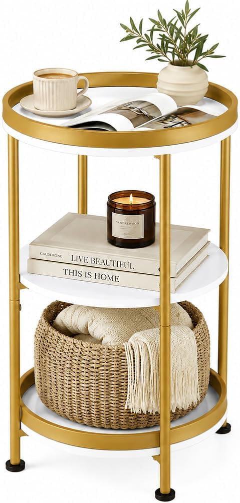 Round Side Table with Storage Tray for Living Room, 15" L x 15" W x 24" H Bedroom Nightstand 3 Tiers Bedside Table with Steel Frame for Small Spaces (White & Gold)