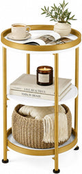 Round Side Table with Storage Tray for Living Room, 15" L x 15" W x 24" H Bedroom Nightstand 3 Tiers Bedside Table with Steel Frame for Small Spaces (White & Gold)