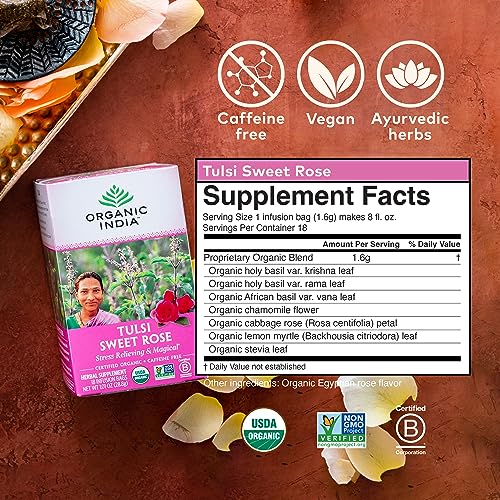 Tulsi Sweet Rose Herbal Tea - Holy Basil Leaf, African Basil, Chamomile, Lemon Myrtle, Stress Relieving, Caffeine Free - 18 Bags, 6 Pack - view 2