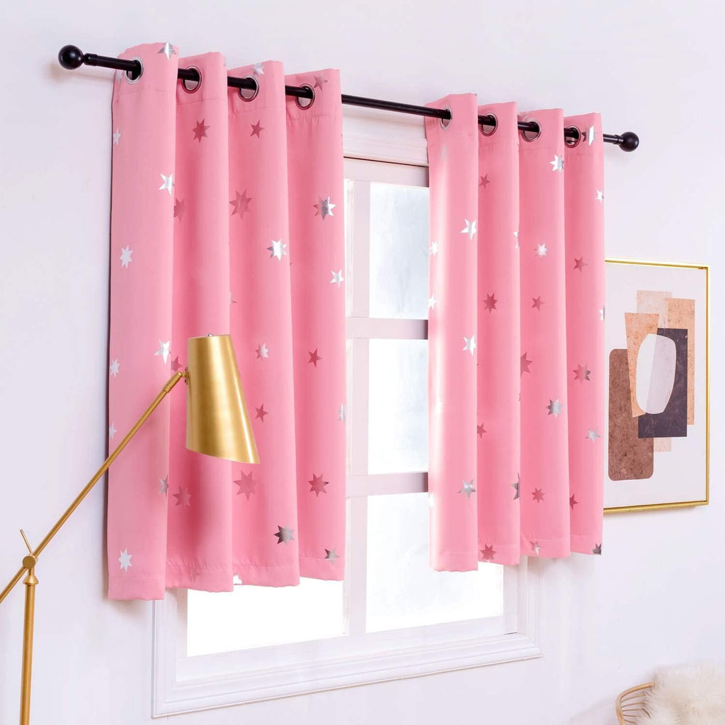 Pink Blackout Curtains for Girls Bedroom 54 Inches Length Stars Window Drapes Silver Foil Printed Room Darkening Panels Grommet Thermal Insulated Drapery Nursery Decor, Baby Pink 38x54 Inches | Silver Foil Star Design with Room Darkening, Thermal Insulate
