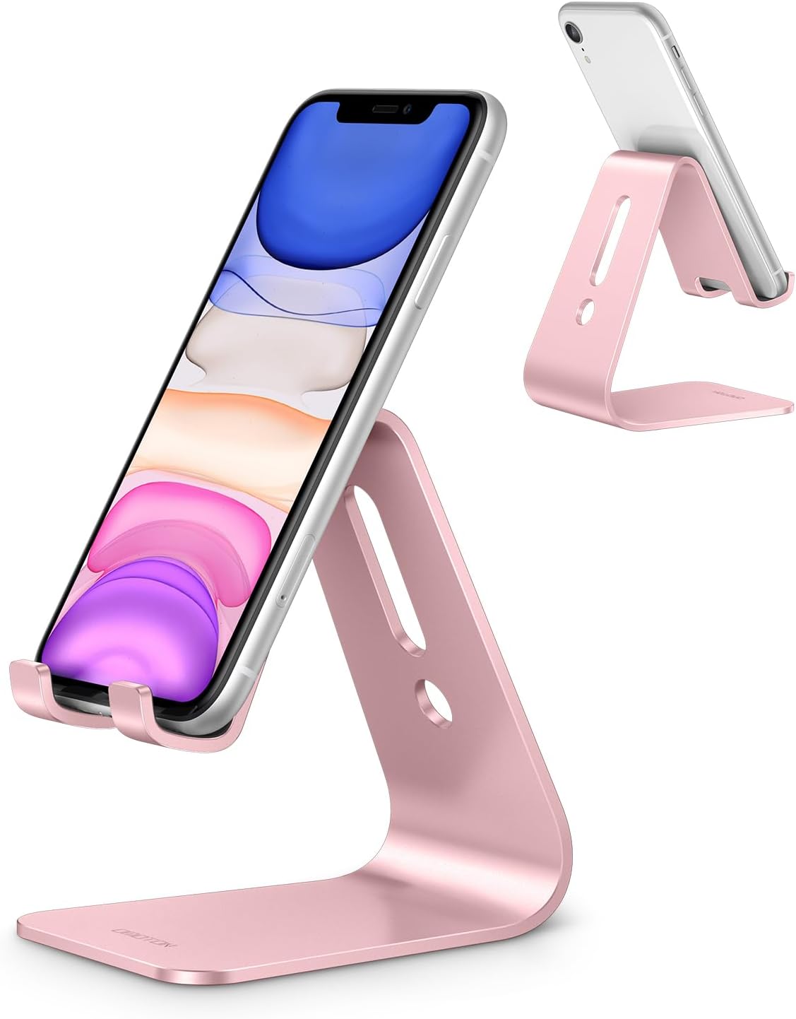 Upgraded aluminum cell phone stand for desk, durable phone dock | protective pads cellphone dock for iPhone 17/16/15/14/13 Pro Max Air, iPad mini, Android smartphones - rose gold