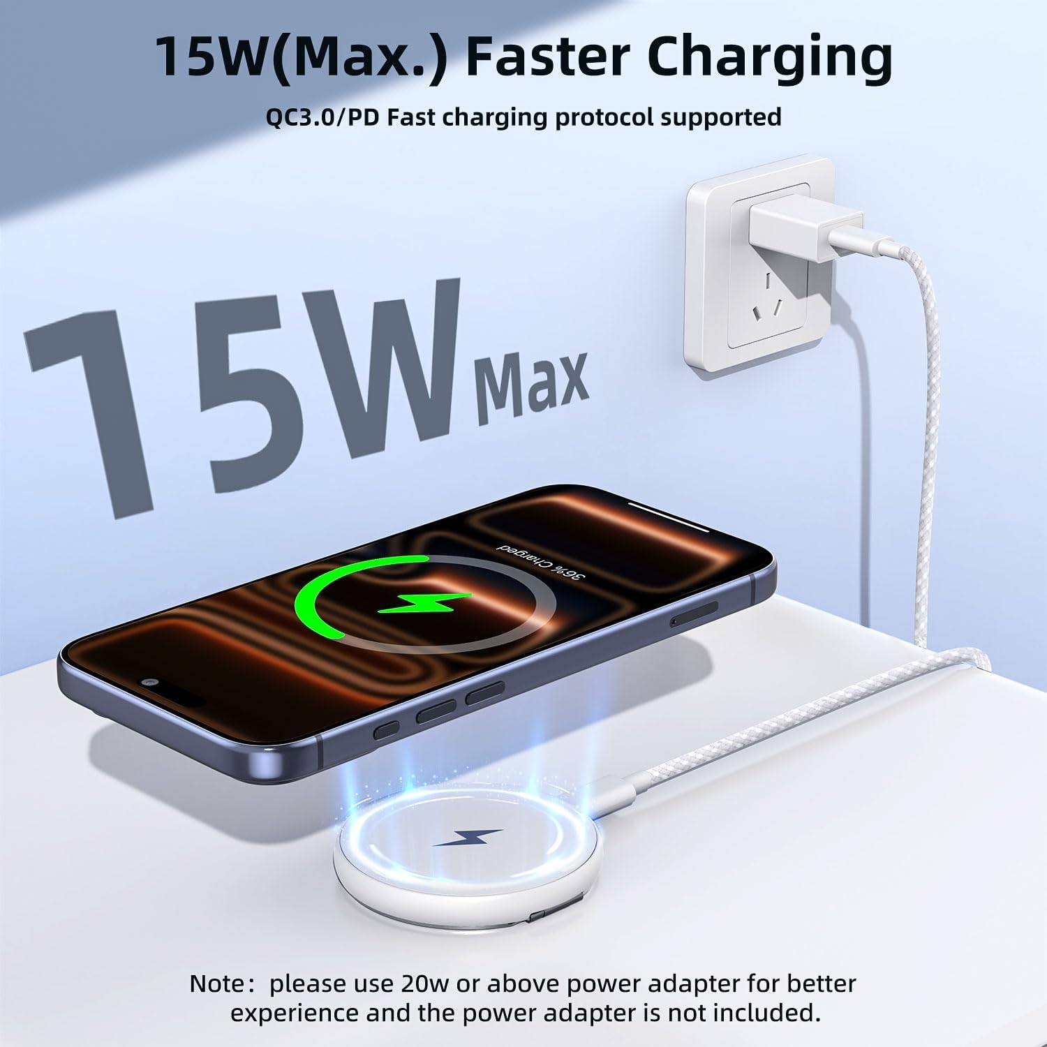 2 in 1 magnetic wireless charger pad & stand for iPhone 12-17 (all series) with 6.6ft USB-C woven charging cable - view 3
