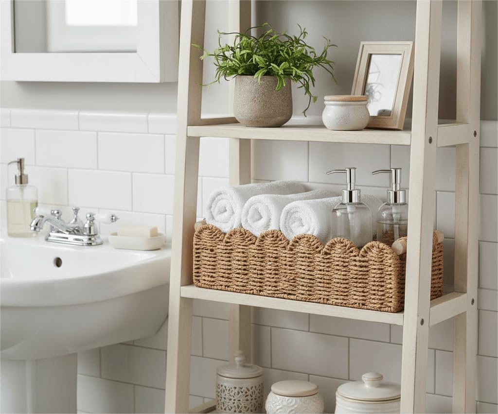 Scalloped Toilet Paper Storage Basket W/Handle for Home Decor | Paper Rope Toilet Organizer Basket for Countertop, Over Toilet Shelf, End Table, Living Room, Bedroom Decor & More, Neutral - view 3