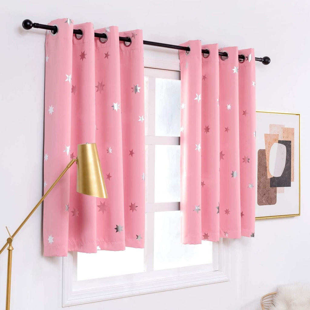 Pink Blackout Curtains for Girls Bedroom 54 Inches Length Stars Window Drapes Silver Foil Printed Room Darkening Panels Grommet Thermal Insulated Drapery Nursery Decor, Baby Pink 38x54 Inches | Silver Foil Star Design with Room Darkening, Thermal Insulate - view 7