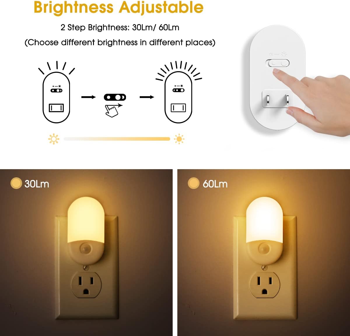 LED night lights plug into wall, [2 pack] LED dimmable night light | light sensors, 30/60LM adjustable brightness nightlights, soft white 3000K automatic night light for kids, hallway - view 4