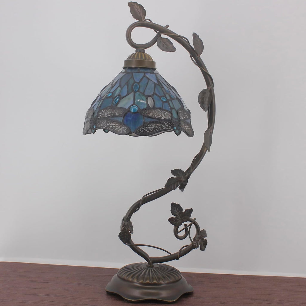 Tiffany Lamp Sea Blue Stained Glass Dragonfly Style Table Light | Metal Leaf Desk Reading Lamp Base 8X10X21 Inches Decor Small Space Bedside Bedroom Home Office S147 Series - view 3