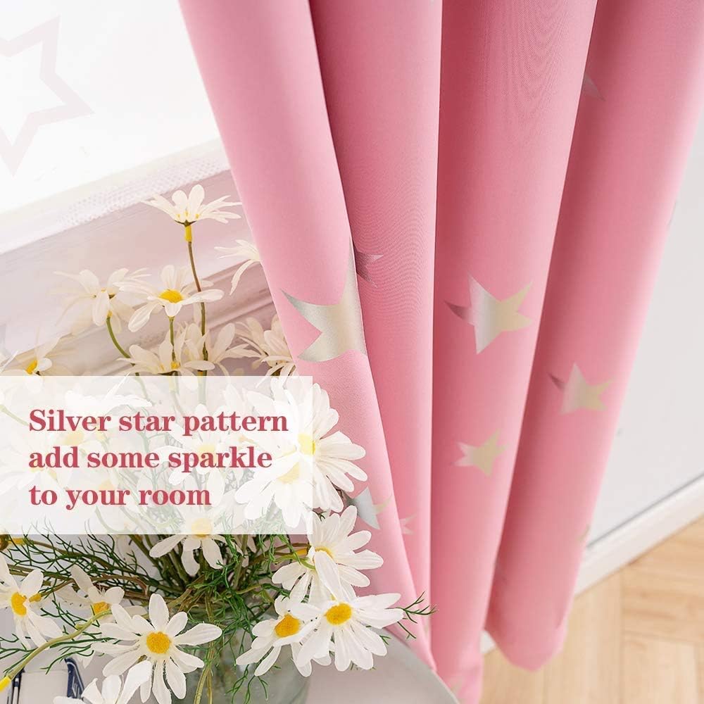 Pink Blackout Curtains for Girls Bedroom 54 Inches Length Stars Window Drapes Silver Foil Printed Room Darkening Panels Grommet Thermal Insulated Drapery Nursery Decor, Baby Pink 38x54 Inches | Silver Foil Star Design with Room Darkening, Thermal Insulate - view 4