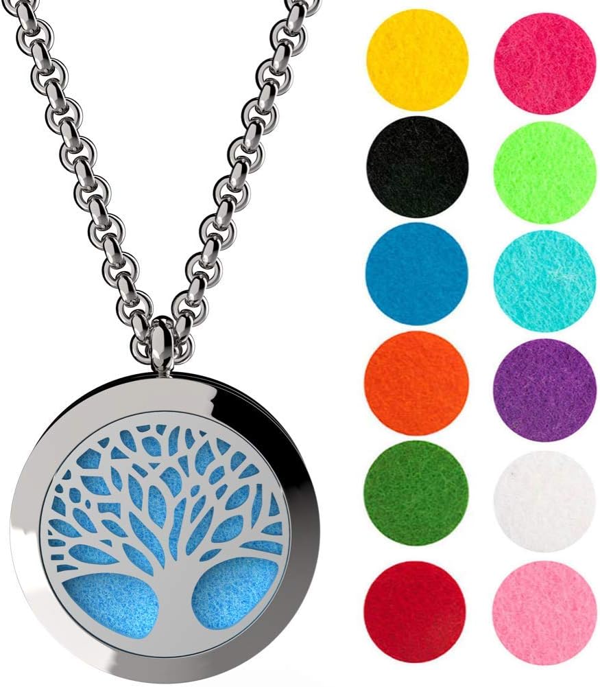 Tree of life essential oil diffuser necklace, stainless steel locket pendant with 24 inch chain, 12 color refill pads, customizable color changing perfume jewelry for aromatherapy