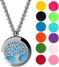 Tree of life essential oil diffuser necklace, stainless steel locket pendant with 24 inch chain, 12 color refill pads, customizable color changing perfume jewelry for aromatherapy