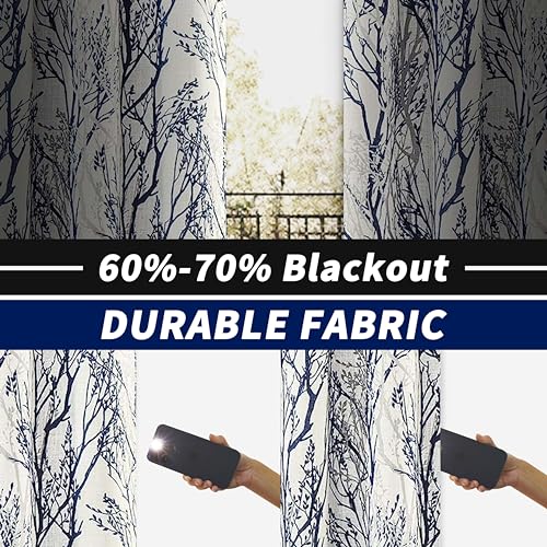 Linen Printed Blackout Curtains Tree Branch Pattern Double Layer 84 Inches Long for Bedroom Classic Thermal Insulated Summer Sound Lined Grommet Drapes for Living Room 2 Panels Blue/Linen - view 2