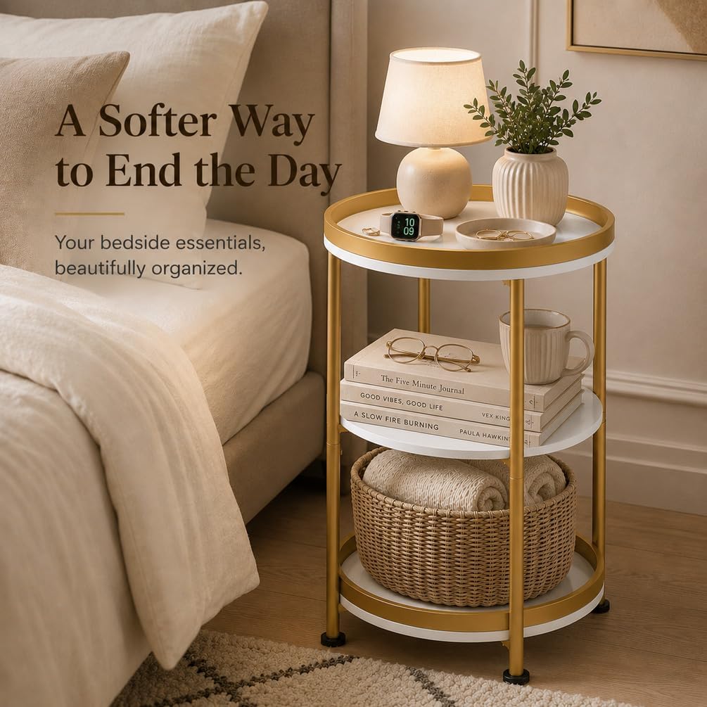 Round Side Table with Storage Tray for Living Room, 15" L x 15" W x 24" H Bedroom Nightstand 3 Tiers Bedside Table with Steel Frame for Small Spaces (White & Gold) - view 4