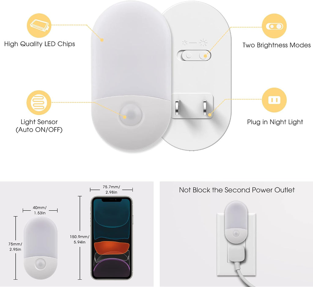 LED night lights plug into wall, [2 pack] LED dimmable night light | light sensors, 30/60LM adjustable brightness nightlights, soft white 3000K automatic night light for kids, hallway - view 6