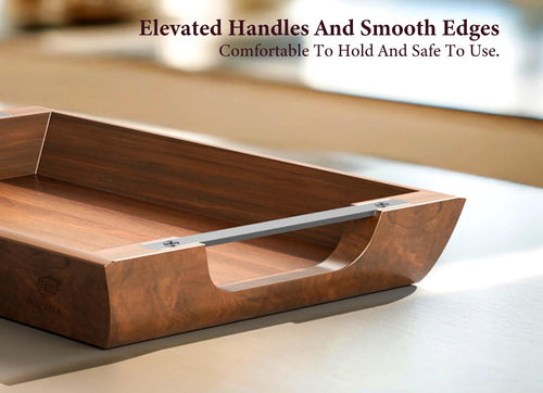 Acacia wood serving tray, 15×10in tray for ottoman, space-saving | coffee tray with metal handles, rustic wooden breakfast and drink tray, perfect for sofa arms, bedside tables, or office desk - view 2