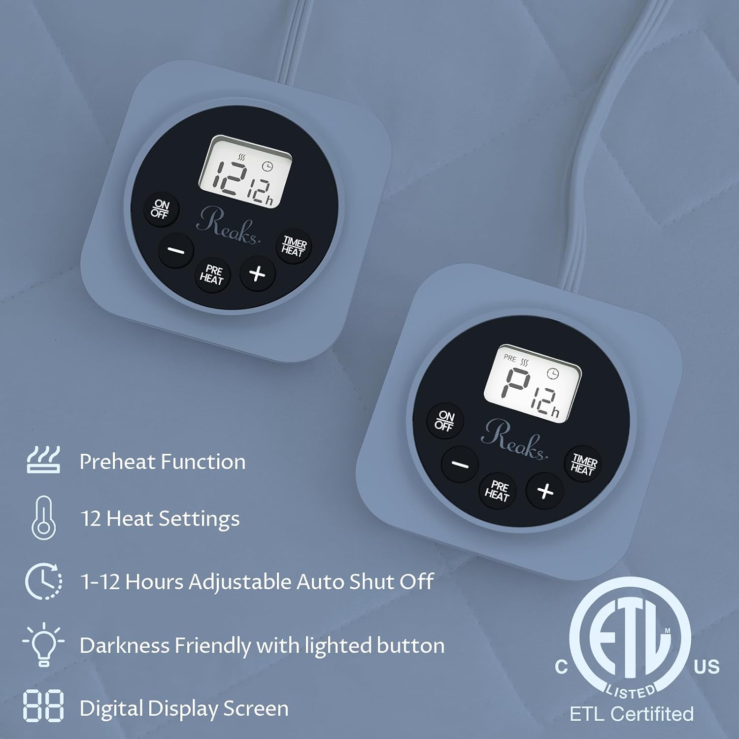 Heated Mattress Pad King Size, Dual Control, 12 Heat Settings | Preheat and memory functions, 1-12 hour auto-off, lighted buttons, ETL & FCC listed, 78" × 80" - view 2