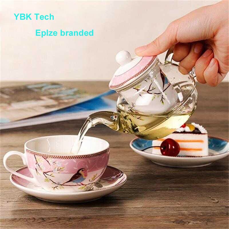 Tea for One Set, Glass Teapot with Porcelain Infuser Strainer and Cup & Saucer- Happy Bird Pattern (Pink) - view 3