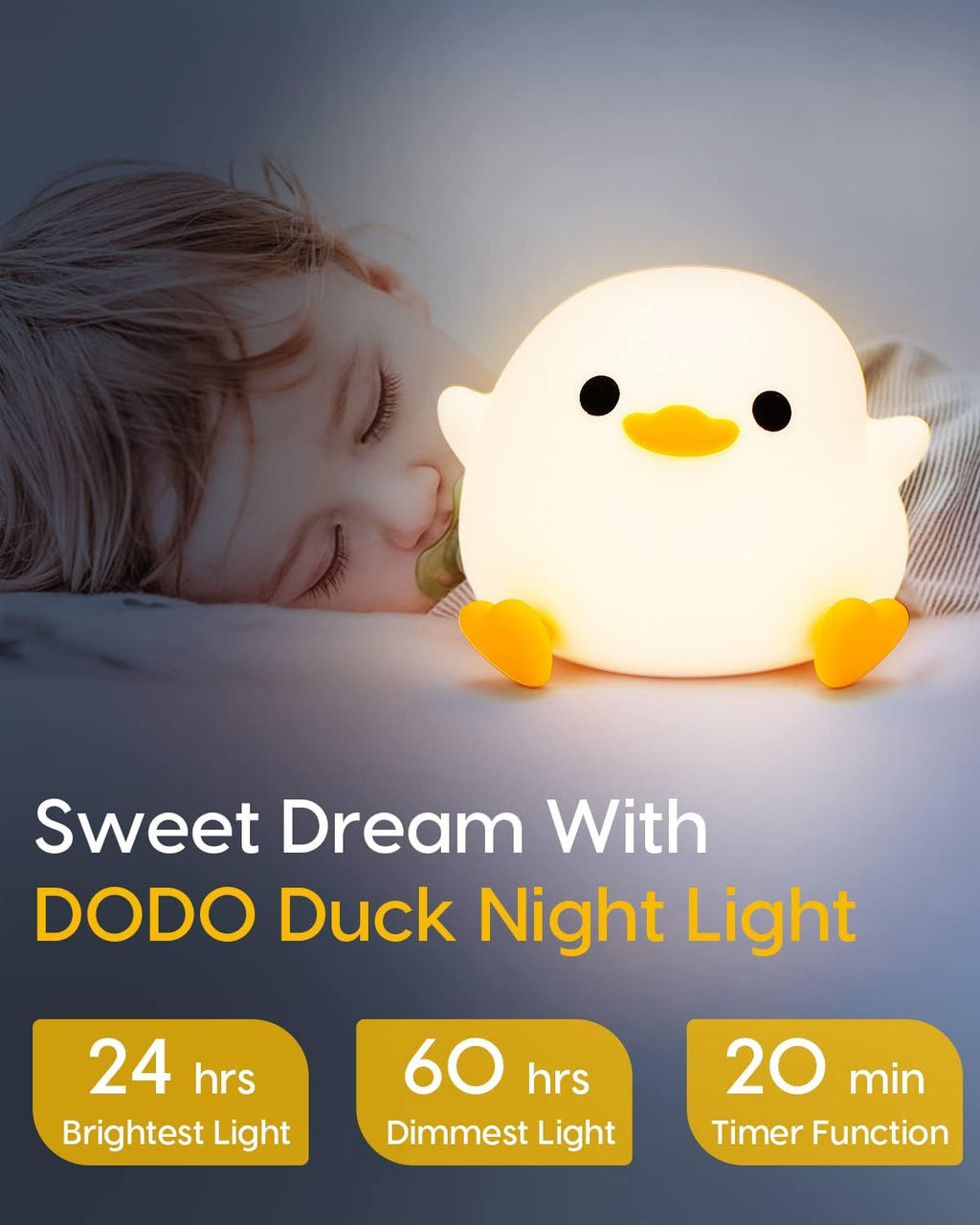 Duck night light, cute duck lamp, silicone dimmable nursery nightlight, rechargeable LED bedside lamp with 20 minutes timer & tap control baby girls women bedrooms, living room - view 8