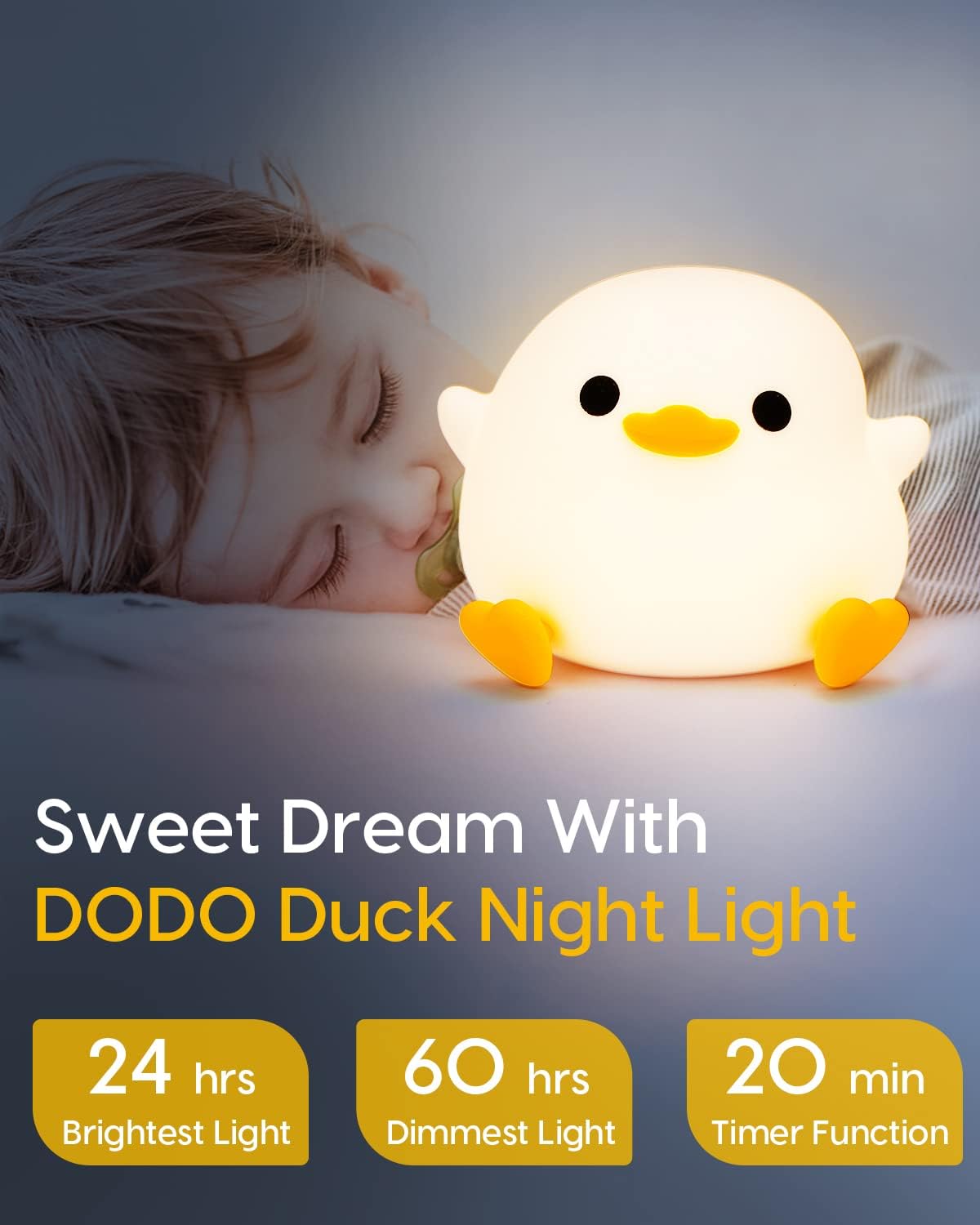 Duck night light, cute duck lamp, silicone dimmable nursery nightlight, rechargeable LED bedside lamp with 20 minutes timer & tap control baby girls women bedrooms, living room - view 8